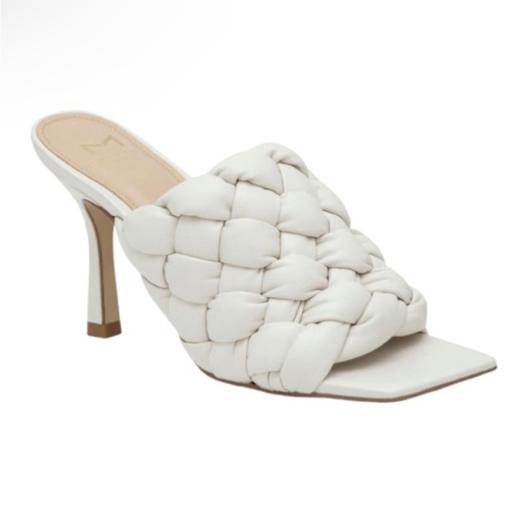 MARC FISHER LTD Dakina Leather Woven Square Toe Taper Heel Sandal, Ivory, 8M